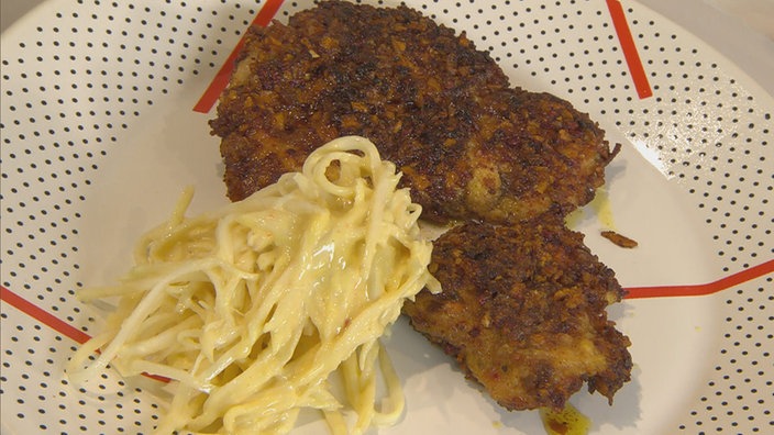 Kaninchenschnitzel mit Gemüsechipshülle