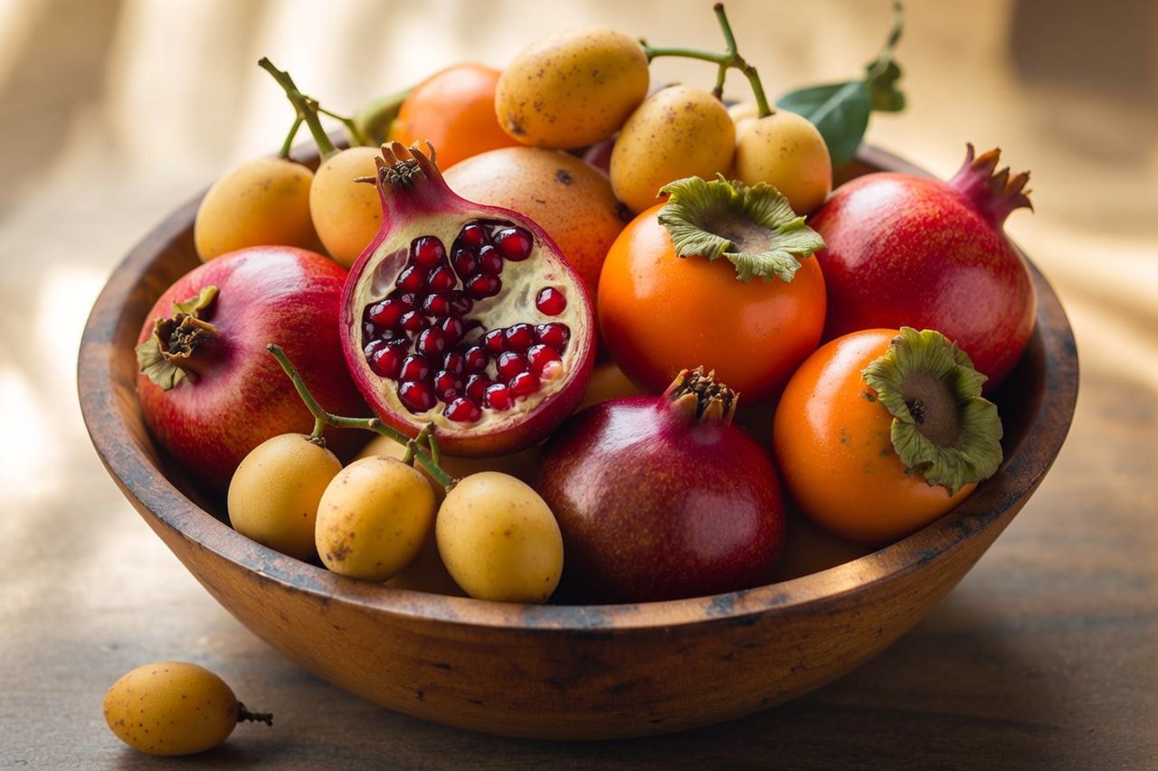Obstschale Granatapfel Kaki Nispero Superfruit