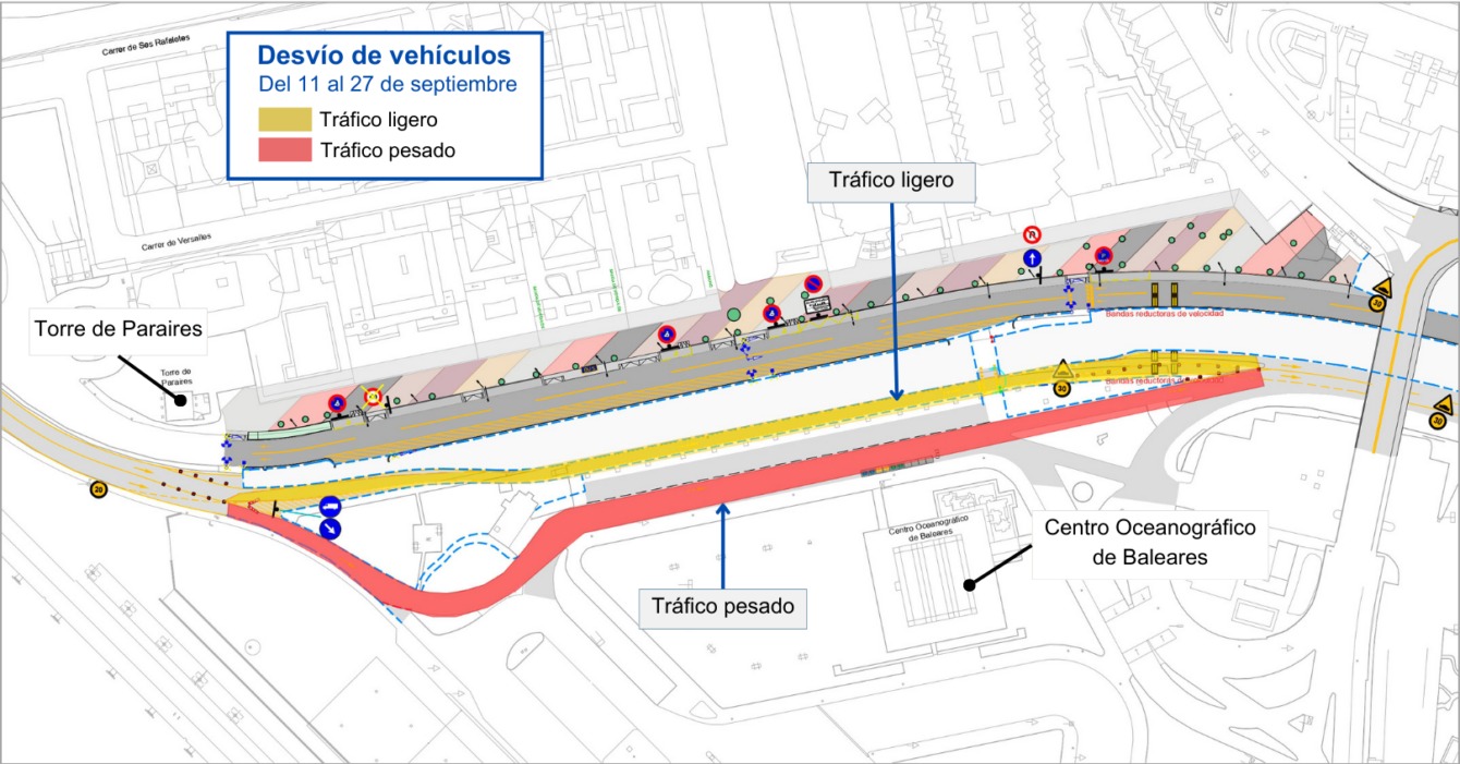 Tijdelijke verkeersomleiding op de Paseo Marítimo in Palma